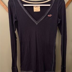 Hollister Y2K navy V-Neck Long Sleeve Top Size Small 100% Cotton